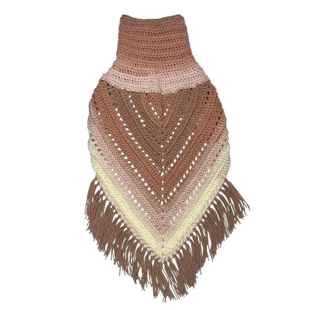 Hand Crafted‎ Crochet Turtle Neck Scarf in Beige and Cream with Fringe